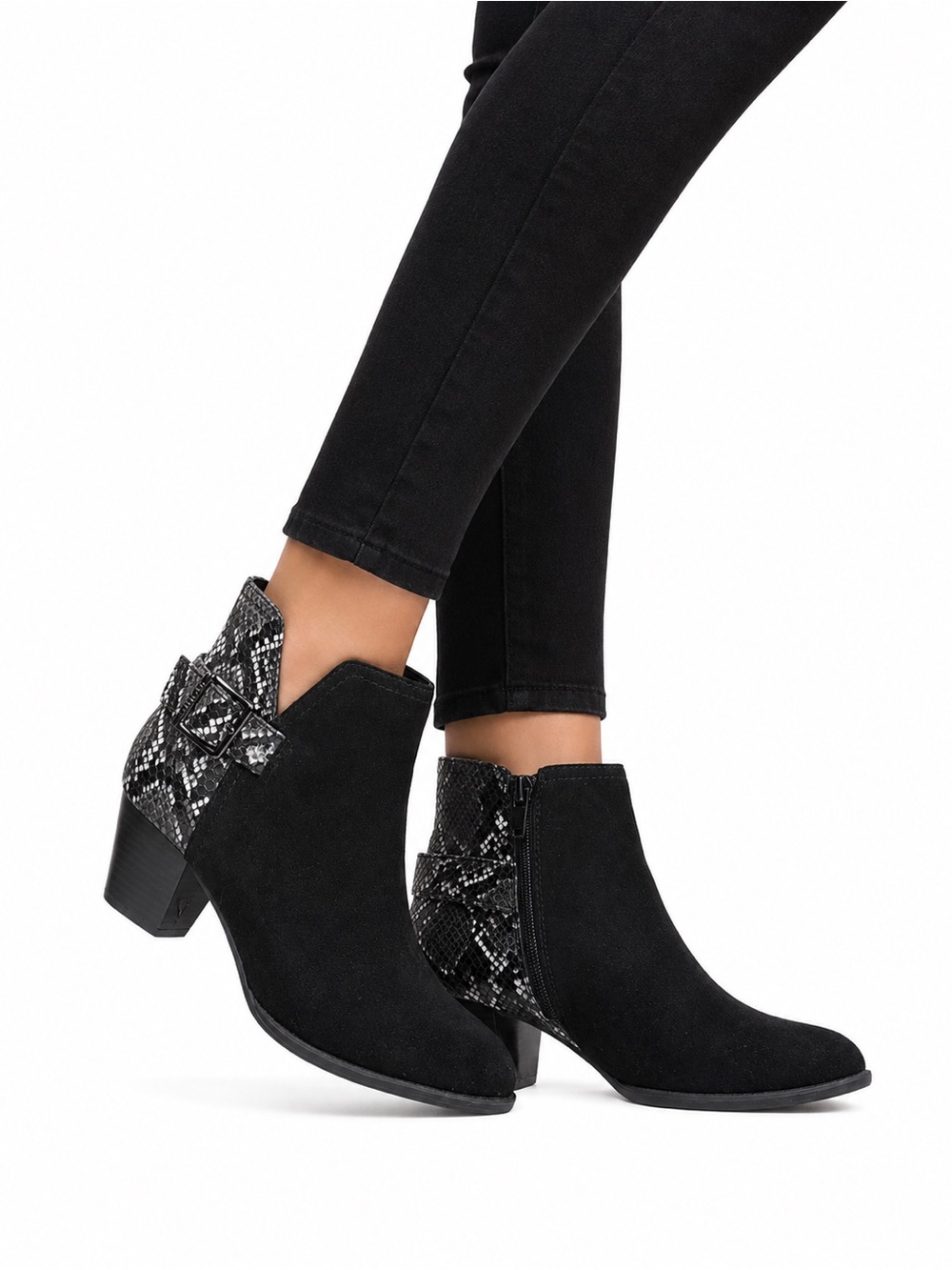 Vionic Naomi Snake Print Suede Ankle Booties Black Gray Buckle Comfort Heel 7
